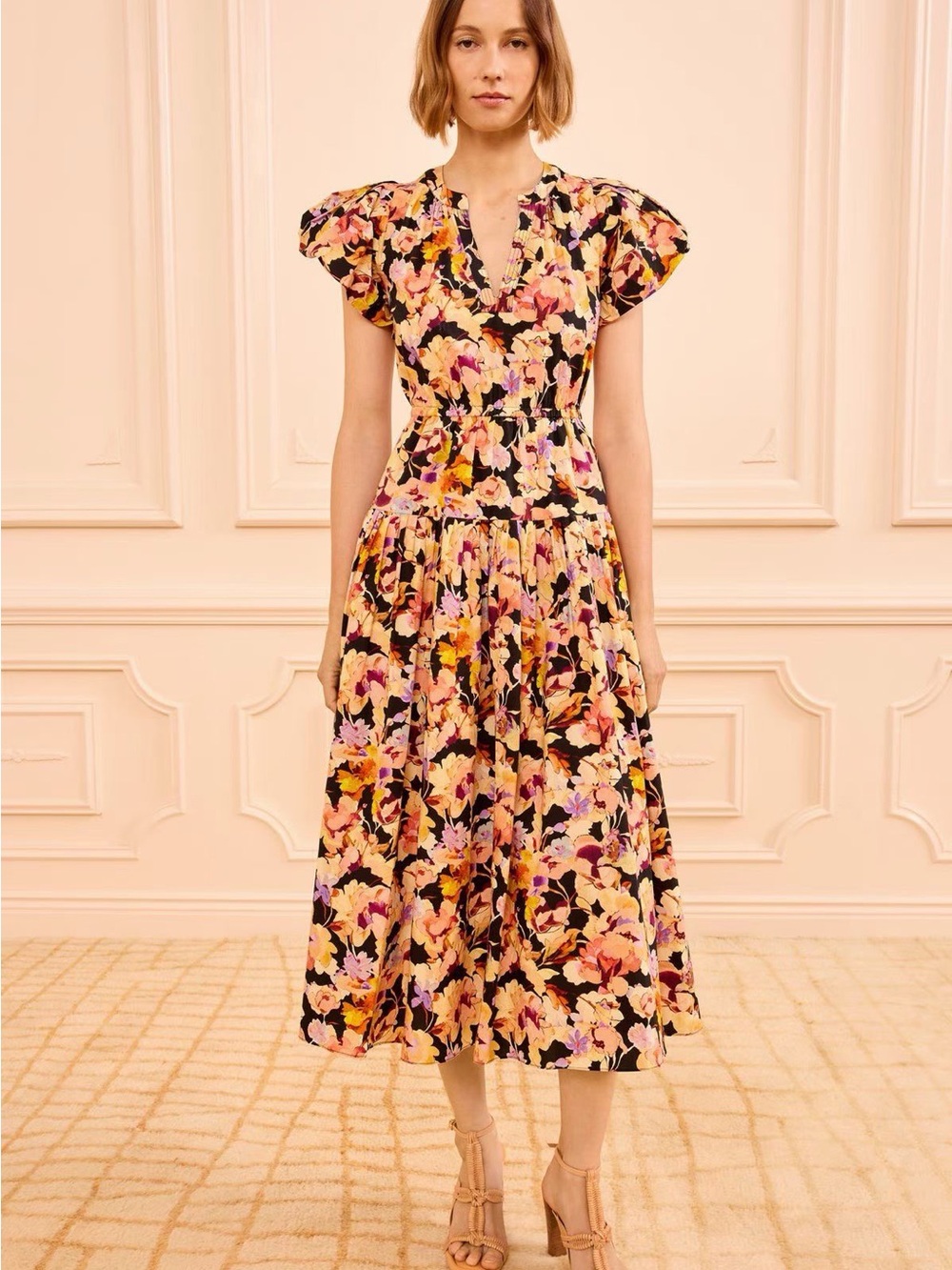 NWOT Ulla Johnson Orange Floral Cotton Belted Midi Dress, Size US 6